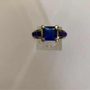 BLUE SAPPHIRE EMERALD CUT STONE CZ YELLOW Rhodium Plated RING SIZE 6